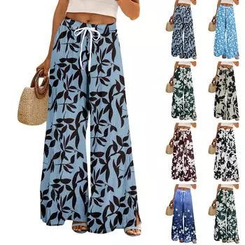 Женские летние брюки-палаццо в стиле бохо с высокой талией, широкие повседневные брюки с цветочным принтом и карманами L чёрный