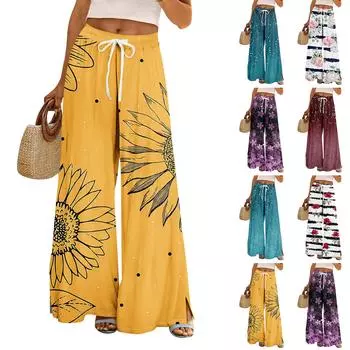 Женские летние брюки-палаццо в стиле бохо с высокой талией, широкие повседневные брюки с цветочным принтом и карманами L циан