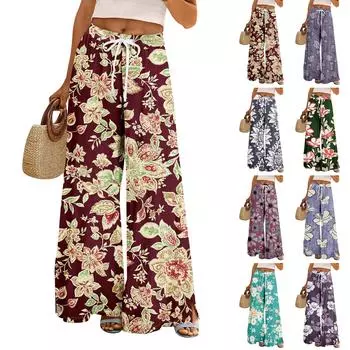 Женские летние брюки-палаццо в стиле бохо с высокой талией, широкие повседневные брюки с цветочным принтом и карманами L циан
