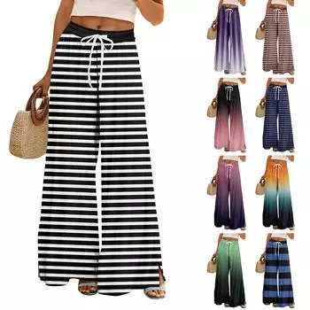 Женские летние брюки-палаццо в стиле бохо с высокой талией, широкие повседневные брюки с цветочным принтом и карманами L чёрный