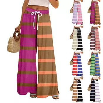 Женские летние брюки-палаццо в стиле бохо с высокой талией, широкие повседневные брюки с цветочным принтом и карманами L кофейный