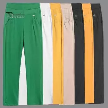 Женские летние брюки с эластичным поясом и высокой талией, повседневные брюки, сплошной цвет, дизайн с карманами, прямые тонкие брюки, брюки для отдыха среднего возраста 5XL хаки