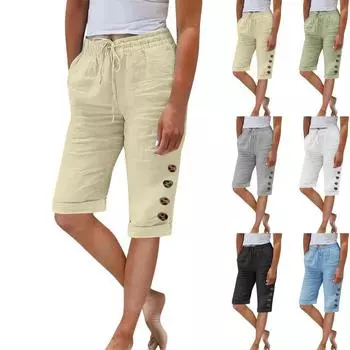 Женские летние брюки с эластичным поясом и карманами, однотонные хлопковые льняные широкие брюки, свободные брюки, женские брюки S чёрный