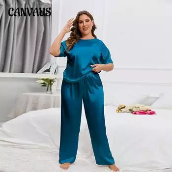 Женские летние брюки с короткими рукавами из искусственного шелка больших размеров для дома, свободная повседневная пижама XL индиго