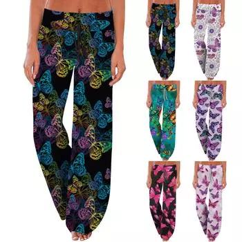 Женские летние брюки с принтом бабочки и широкими штанинами, леггинсы L чёрный