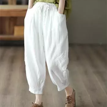 Женские летние брюки-шаровары больших размеров из льна и эластичного ретро-кружева, однотонные свободные брюки XXL
