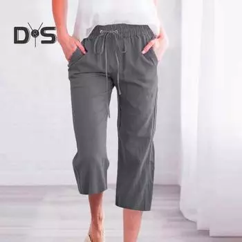 Женские летние брюки, спортивные штаны, однотонные, прямые, с мягкой эластичной резинкой на талии, брюки до середины икры, укороченные брюки L светло-серый