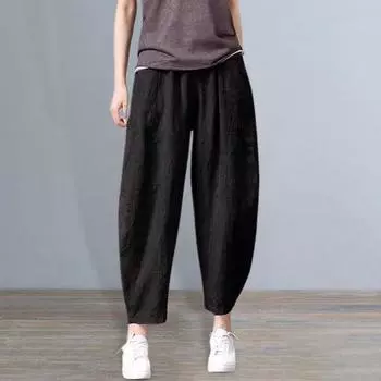 Женские летние брюки Yousheng, эластичные, с высокой талией, широкие повседневные брюки с карманами, однотонные, свободные, тонкие брюки L чёрный