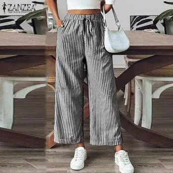 Женские летние брюки ZANZEA с эластичным поясом и широкими штанинами в полоску 4XL хаки
