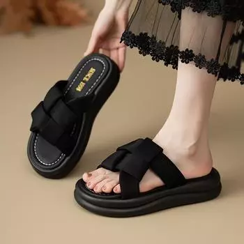 Женские летние черные тапочки, повседневные милые босоножки на платформе для девочек, большие размеры, увеличивающие рост, толстые тапочки 35 слоновая кость