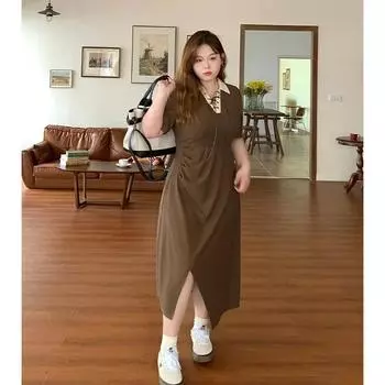 Женские летние дизайнерские изысканные платья с лацканами и короткими рукавами 3XL чёрный