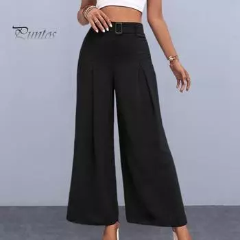 Женские летние длинные брюки с высокой талией, широкие струящиеся брюки, однотонные повседневные рабочие брюки с регулируемой пряжкой, уличная одежда S чёрный