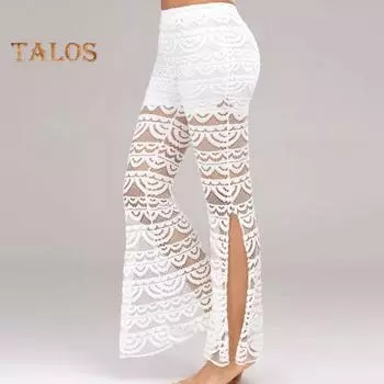 Женские летние длинные брюки со средней посадкой и эластичной резинкой на талии с разрезом на манжетах, широкие сетчатые кружевные повседневные брюки, однотонные кружевные брюки 2XL белый