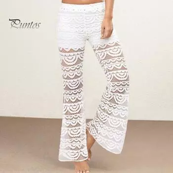 Женские летние длинные брюки со средней посадкой и эластичной резинкой на талии с разрезом на манжетах, широкие сетчатые кружевные повседневные брюки, однотонные кружевные брюки 2XL белый