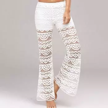 Женские летние длинные брюки со средней посадкой и эластичной резинкой на талии с разрезом на манжетах, широкие сетчатые кружевные повседневные брюки, однотонные кружевные брюки 2XL белый