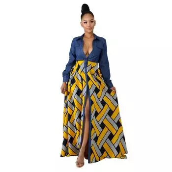 Женские летние длинные джинсовые платья в полоску с принтом S жёлтый