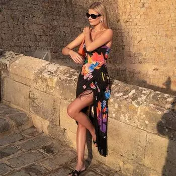 Женские летние длинные платья без рукавов с тонким принтом и кисточками на груди S чёрный