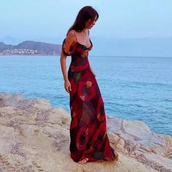 Женские летние длинные платья без рукавов с принтом и высокой талией на одно плечо S красный