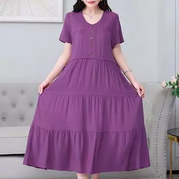 Женские летние длинные платья больших размеров, однотонное элегантное повседневное винтажное платье с коротким рукавом