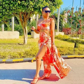 Женские летние длинные платья-футляры без рукавов с принтом и разрезом S оранжевый