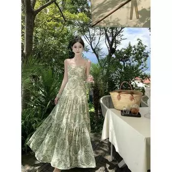 Женские летние длинные платья с цветочным принтом и талией на шее S белый/зелёный