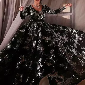 Женские летние длинные платья с длинными рукавами и пайетками и бахромой S чёрный