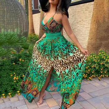 Женские летние длинные платья с леопардовым принтом и открытой спиной, с лямкой на шее S зелёный