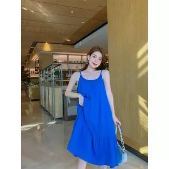 Женские летние длинные платья с лямкой на бретельках для морского отдыха S синий