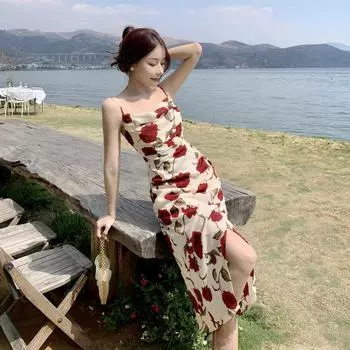 Женские летние длинные платья с открытой шеей и цветочным темпераментом, тонкой талией S белый/красный