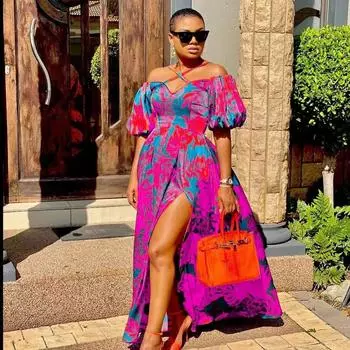 Женские летние длинные платья с разрезом и висячим вырезом с v-образным вырезом и принтом S жёлтый