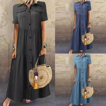 Женские летние длинные платья с вышивкой, темперамент, большая распашная юбка, тонкое джинсовое платье с имитацией джинсовой ткани S светло-синий