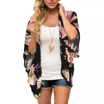 Женские летние длинные струящиеся кардиганы-кимоно в стиле бохо с шифоновым цветочным принтом, пляжные топы, пляжная одежда, гавайский шифоновый кардиган, топ XXXL