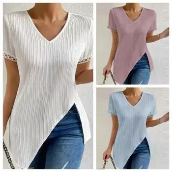 Женские летние длинные топы с V-образным вырезом, шикарные футболки с коротким рукавом, модные туники, повседневные женские футболки с асимметричным подолом и кружевной отделкой S синий