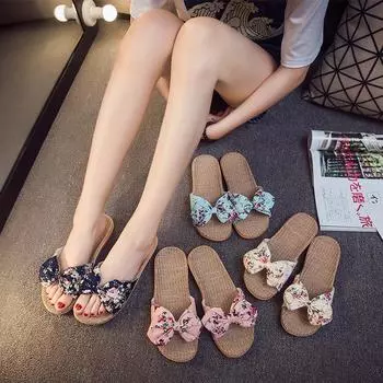 Женские летние домашние тапочки, повседневные льняные тапочки с цветочным узлом и узлом бабочки 35 чёрный