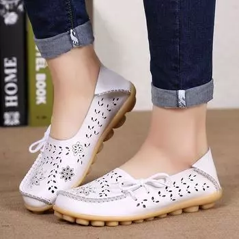 Женские летние дышащие кожаные лоферы на плоской подошве со шнуровкой и бантом, Нескользящая повседневная обувь, мокасины, женские удобные сандалии на плоской подошве 34