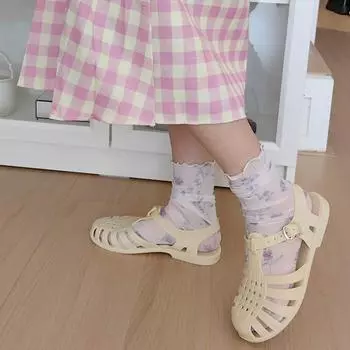 Женские летние дышащие сетчатые носки с рюшами, свободные свободные носки с цветочным принтом, модные винтажные женские милые носки фиолетовый