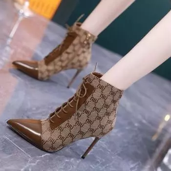 Женские летние дышащие сетчатые сапоги, модные сексуальные сетчатые женские туфли на высоком каблуке со шнуровкой длиной до щиколотки для женщин 34 чёрный