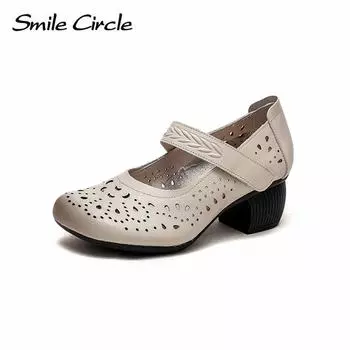Женские летние дышащие туфли на высоком каблуке из натуральной кожи на толстом каблуке, модные удобные женские сандалии с перфорацией 35 бежевый