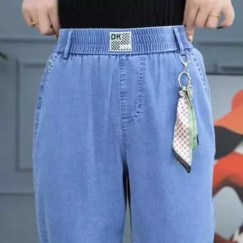 Женские летние джинсовые брюки с высокой талией, свободные брюки Харлан прямого кроя из ледяного шелка M синий