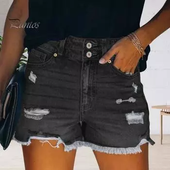 Женские летние джинсовые шорты с рваными краями, сплошные цветные пуговицы на молнии, облегающие брюки с высокой талией, мягкие дышащие короткие брюки для вечеринок и вечеринок L светло-синий