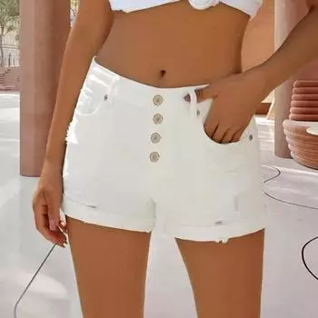 Женские летние джинсовые шорты с рваными краями и подвернутым краем, с карманами, повседневные обрезанные шорты с высокой талией и эластичными вставками S белый
