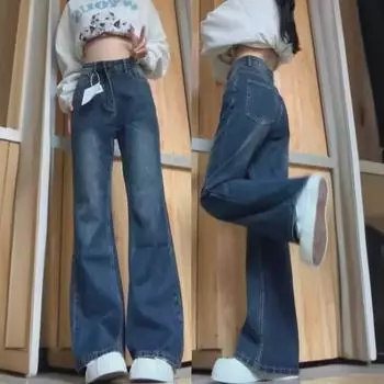 Женские летние джинсы-клеш с высокой талией в стиле ретро — большие размеры, свободный крой, облегающие прямые брюки грушевидной формы M синий