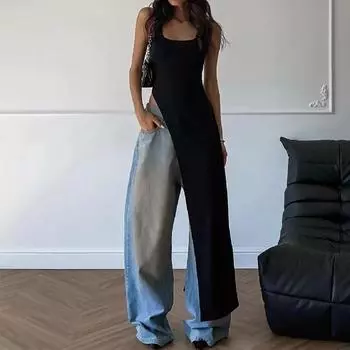 Женские летние футболки без рукавов на подтяжках, лето 2024, сексуальные черные тонкие асимметричные длинные топы на бретелях с U-образным вырезом, уличная одежда M чёрный