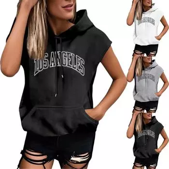 Женские летние футболки без рукавов с капюшоном, толстовки с капюшоном, свободные повседневные туники, толстовки L чёрный