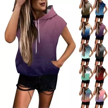 Женские летние футболки без рукавов с капюшоном, толстовки с капюшоном, свободные повседневные туники, толстовки L синий