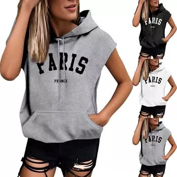 Женские летние футболки без рукавов с капюшоном, толстовки с капюшоном, свободные повседневные туники, толстовки L чёрный