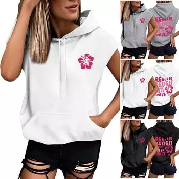 Женские летние футболки без рукавов с капюшоном, толстовки с капюшоном, свободные повседневные туники, толстовки M чёрный