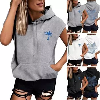 Женские летние футболки без рукавов с капюшоном, толстовки с капюшоном, свободные повседневные туники, толстовки L