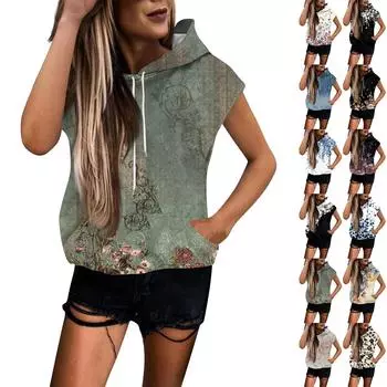 Женские летние футболки без рукавов с капюшоном, толстовки с капюшоном, свободные повседневные туники, толстовки L