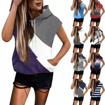 Женские летние футболки без рукавов с капюшоном, толстовки с капюшоном, свободные повседневные туники, толстовки S синий